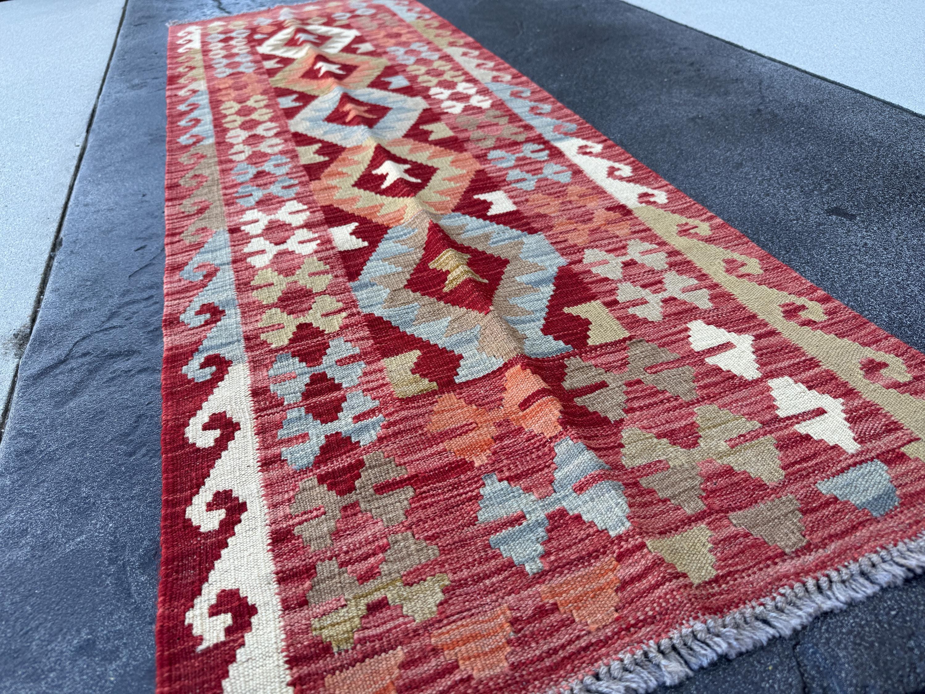2x7 Handmade Afghan Kilim Runner Rug | Blood Brick Red Ivory Moss Olive Green Denim Blue Grey | Wool Turkish