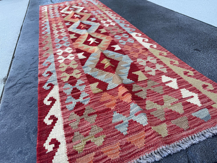2x7 Handmade Afghan Kilim Runner Rug | Blood Brick Red Ivory Moss Olive Green Denim Blue Grey | Wool Turkish