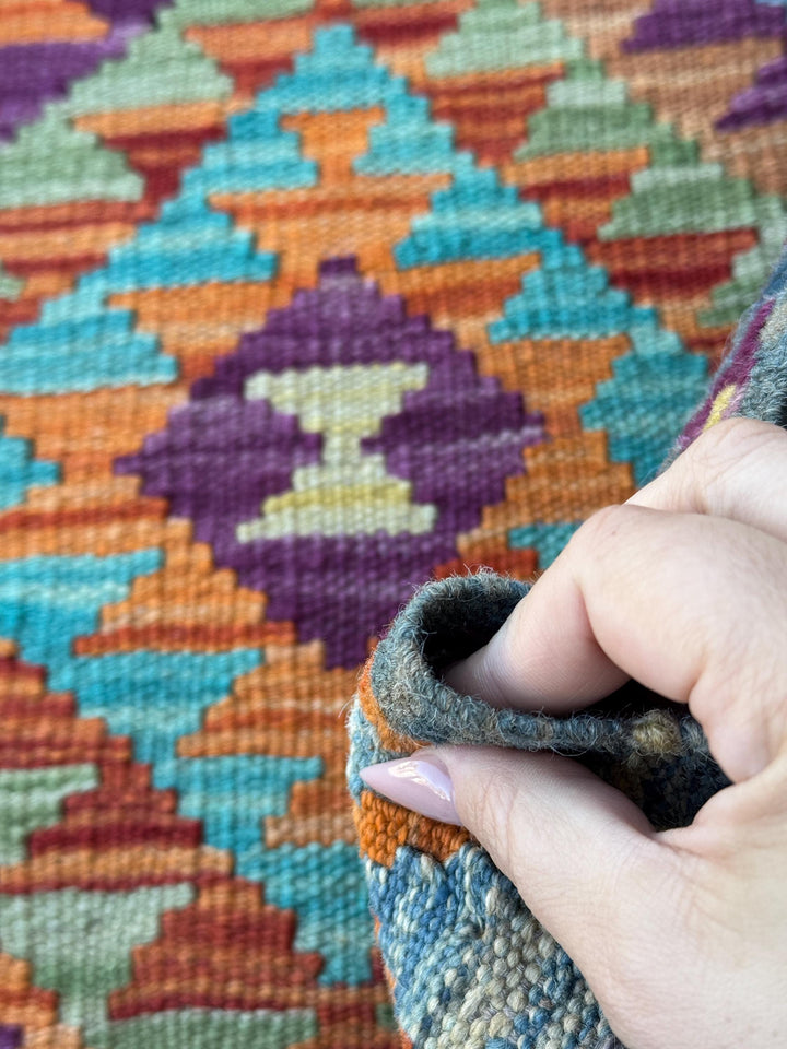 3x7 (100x200) Handmade Afghan Kilim Runner Rug | Burnt Orange Eggplant Purple Olive Moss Pine Green Denim Blue Teal Cream | Wool Turkish