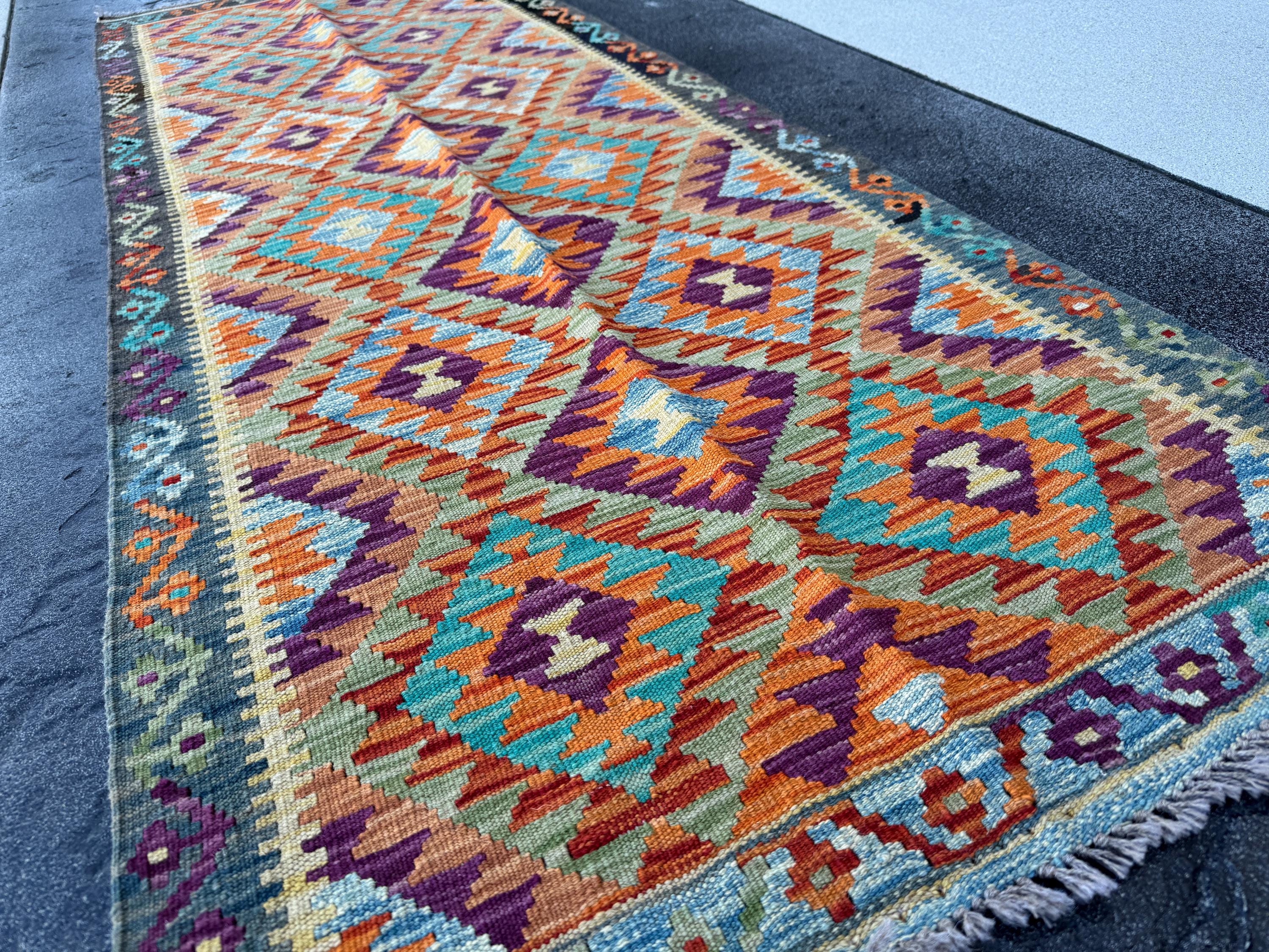 3x7 (100x200) Handmade Afghan Kilim Runner Rug | Burnt Orange Eggplant Purple Olive Moss Pine Green Denim Blue Teal Cream | Wool Turkish