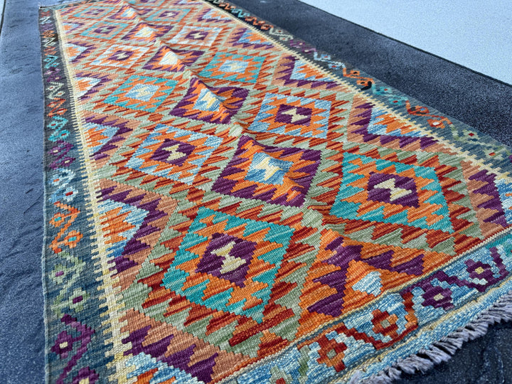 3x7 (100x200) Handmade Afghan Kilim Runner Rug | Burnt Orange Eggplant Purple Olive Moss Pine Green Denim Blue Teal Cream | Wool Turkish