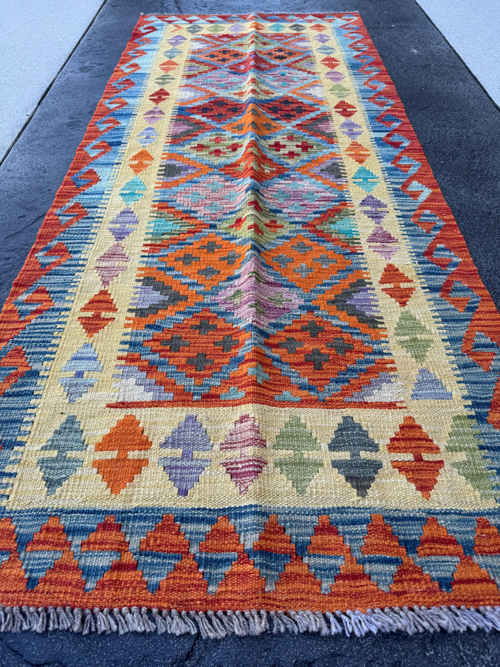 3x7 (100x200) Handmade Afghan Kilim Runner Rug | Burnt Orange Mint Olive Moss Green Denim Light Blue Purple Grey Ivory Teal | Wool Turkish