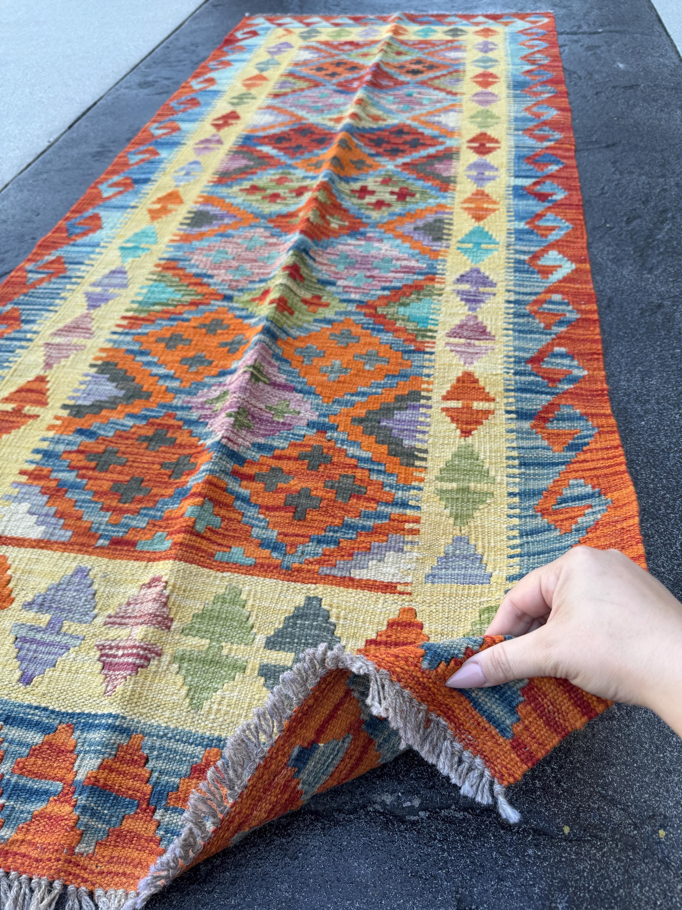 3x7 (100x200) Handmade Afghan Kilim Runner Rug | Burnt Orange Mint Olive Moss Green Denim Light Blue Purple Grey Ivory Teal | Wool Turkish