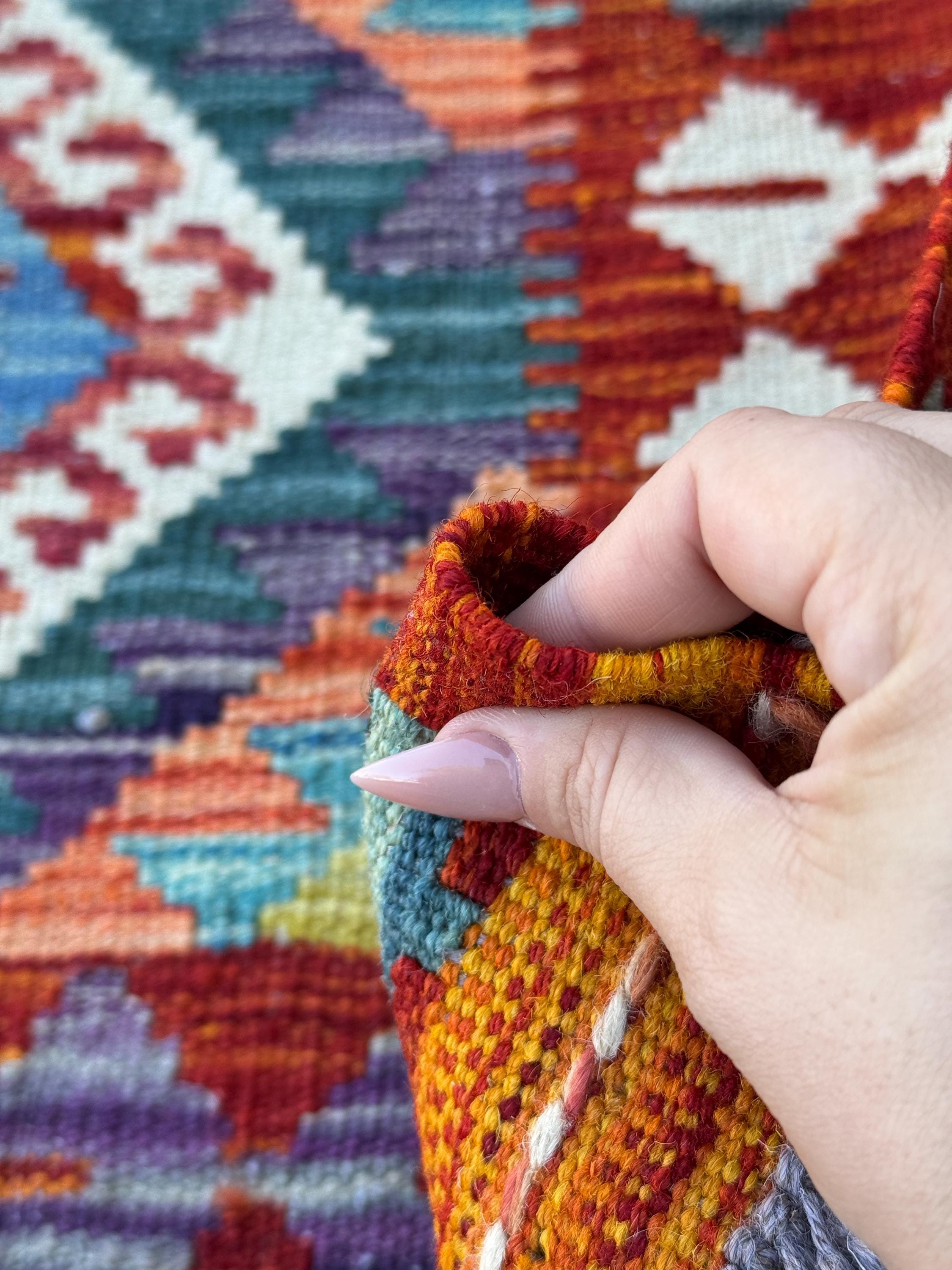 3x7 (100x200) Handmade Afghan Kilim Runner Rug | Blood Red Orange Moss Olive Green Denim Blue Eggplant Purple Grey Ivory Teal | Wool Turkish