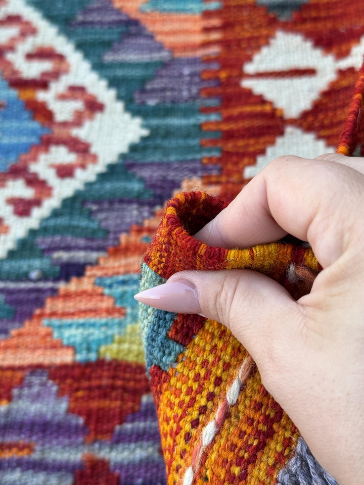 3x7 (100x200) Handmade Afghan Kilim Runner Rug | Blood Red Orange Moss Olive Green Denim Blue Eggplant Purple Grey Ivory Teal | Wool Turkish