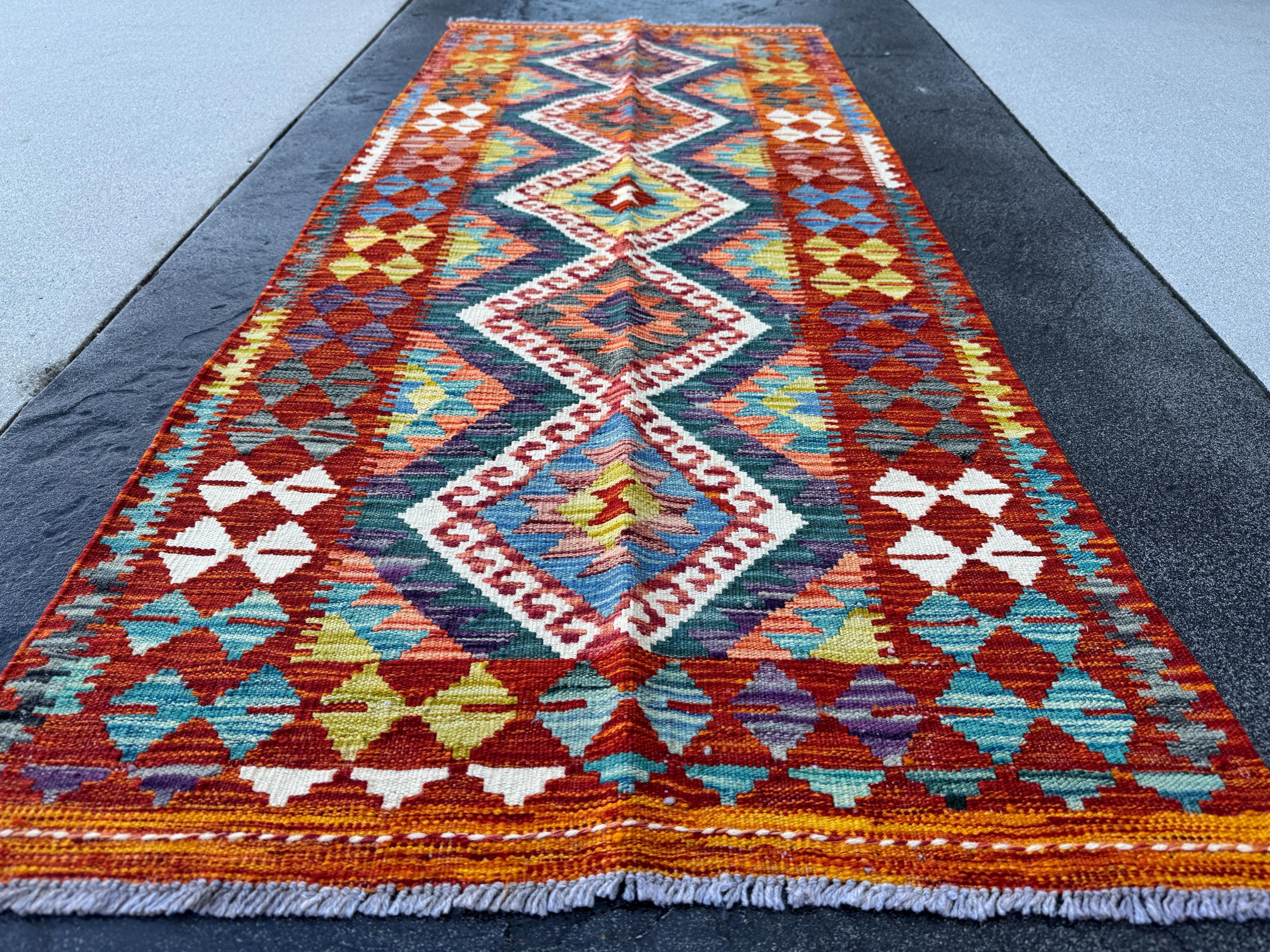 3x7 (100x200) Handmade Afghan Kilim Runner Rug | Blood Red Orange Moss Olive Green Denim Blue Eggplant Purple Grey Ivory Teal | Wool Turkish