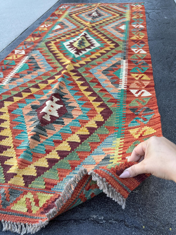 3x7 (100x200) Handmade Afghan Kilim Runner Rug | Burnt Orange Maroon Teal Beige Denim Blue Olive Moss Green Ivory Turquoise | Wool Turkish