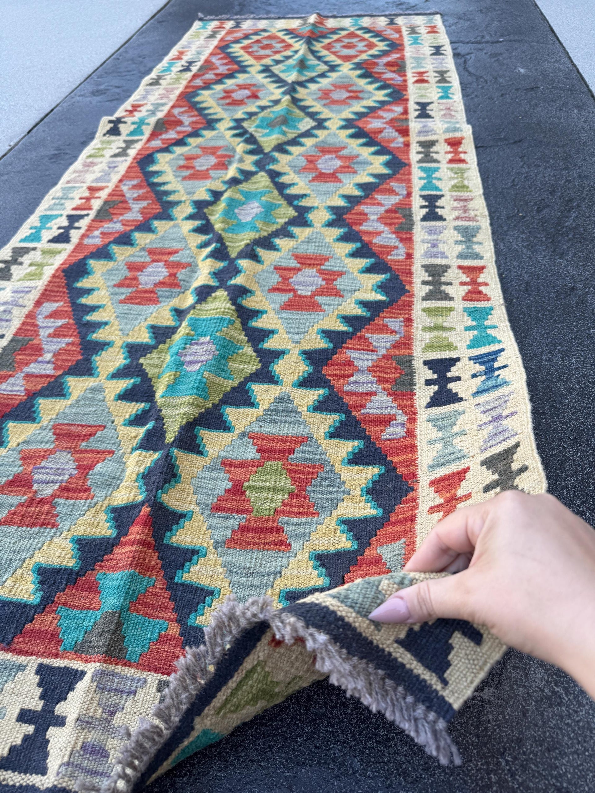 3x7 (100x200) Handmade Afghan Kilim Runner Rug | Cream Orange Midnight Blue Turquoise Olive Moss Green Grey Black Purple | Wool Turkish