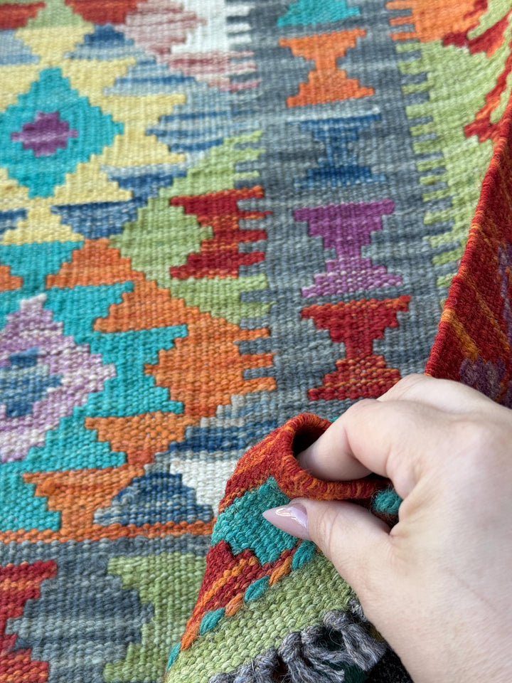 3x7 (100x200) Handmade Afghan Kilim Runner Rug | Burnt Orange Red Purple Teal Beige Denim Sky Blue Olive Moss Green Ivory | Wool Turkish