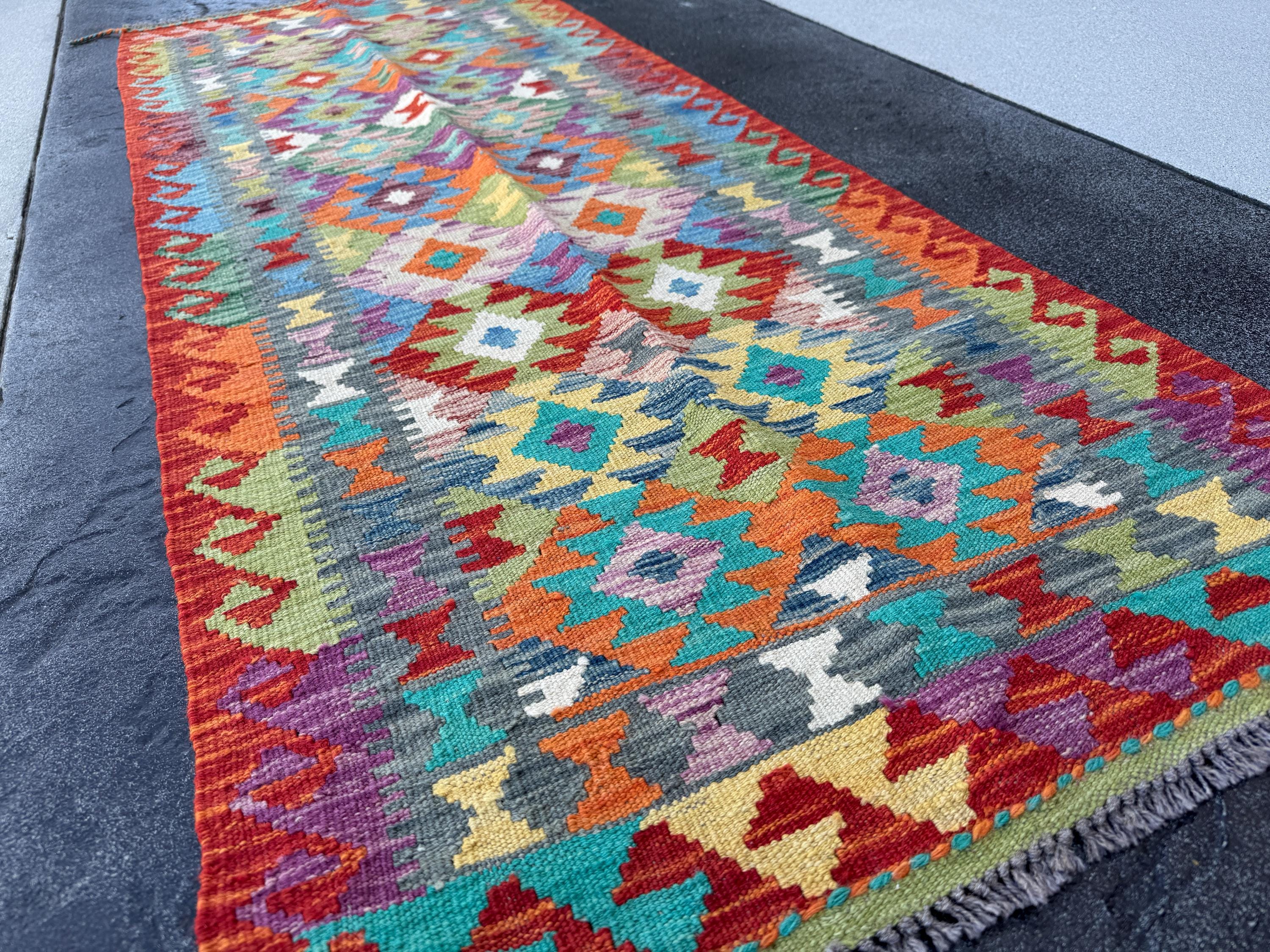 3x7 (100x200) Handmade Afghan Kilim Runner Rug | Burnt Orange Red Purple Teal Beige Denim Sky Blue Olive Moss Green Ivory | Wool Turkish