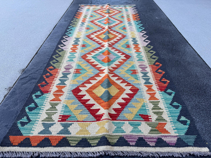 3x7 (100x200) Handmade Afghan Kilim Runner Rug | Cream Blood Orange Midnight Light Blue Olive Moss Green Black Light Purple | Wool Turkish