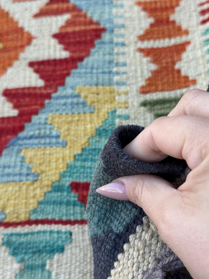 3x7 (100x200) Handmade Afghan Kilim Runner Rug | Cream Blood Orange Midnight Light Blue Olive Moss Green Black Light Purple | Wool Turkish