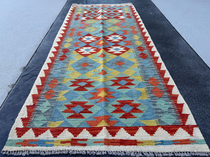 3x7 (100x200) Handmade Afghan Kilim Runner Rug | Cream Blood Red Orange Sky Denim Blue Olive Green Ivory Teal Grey | Wool Turkish