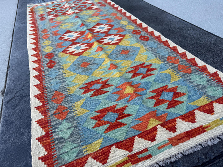 3x7 (100x200) Handmade Afghan Kilim Runner Rug | Cream Blood Red Orange Sky Denim Blue Olive Green Ivory Teal Grey | Wool Turkish
