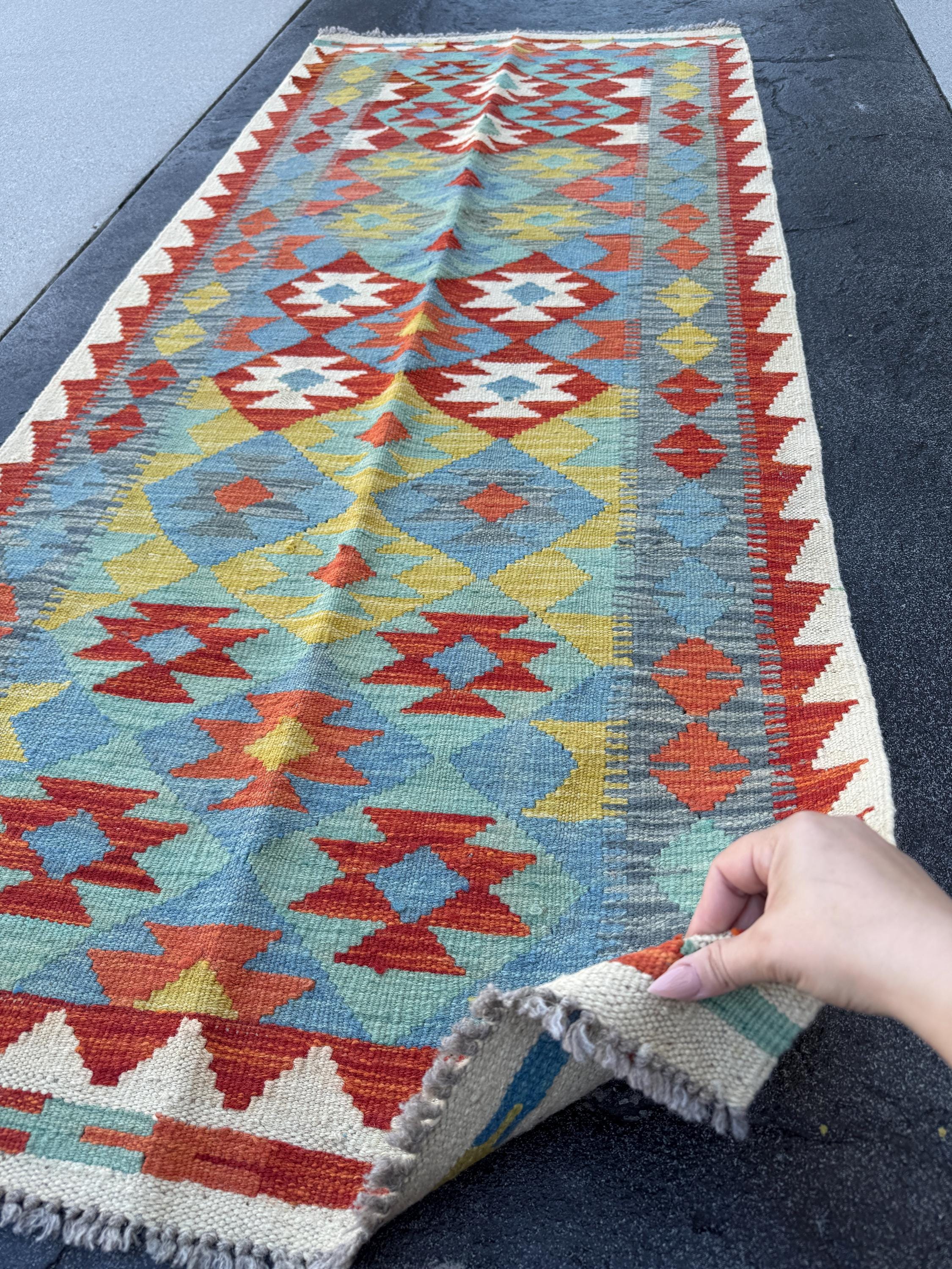 3x7 (100x200) Handmade Afghan Kilim Runner Rug | Cream Blood Red Orange Sky Denim Blue Olive Green Ivory Teal Grey | Wool Turkish