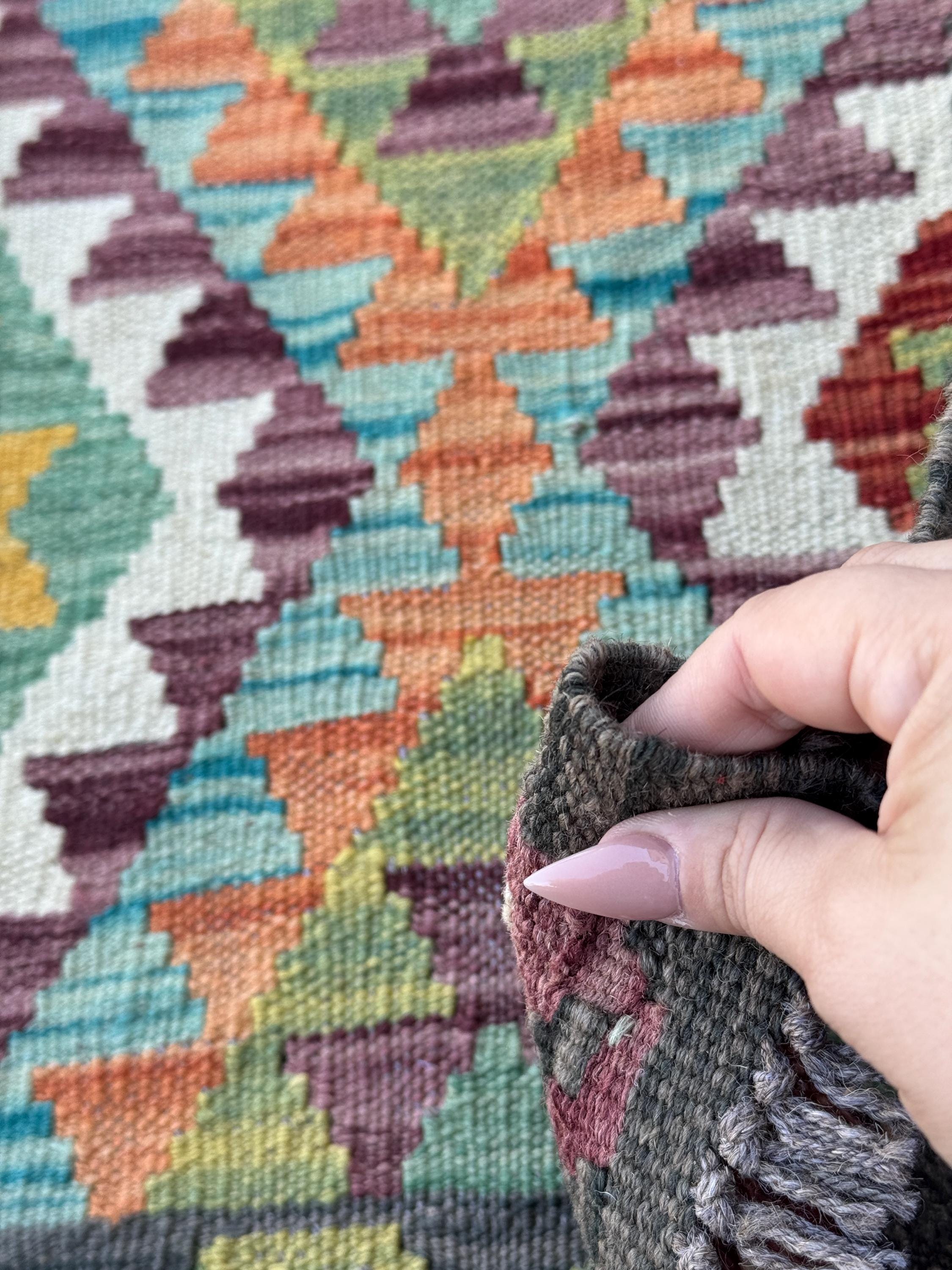 3x7 (100x200) Handmade Afghan Kilim Runner Rug | Charcoal Grey Eggplant Purple Teal Cream Orange Mustard Olive Moss Green | Wool Turkish