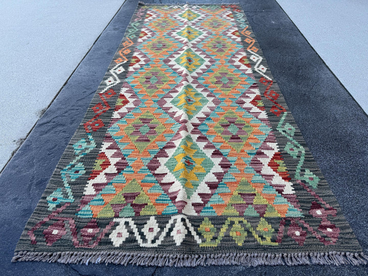3x7 (100x200) Handmade Afghan Kilim Runner Rug | Charcoal Grey Eggplant Purple Teal Cream Orange Mustard Olive Moss Green | Wool Turkish