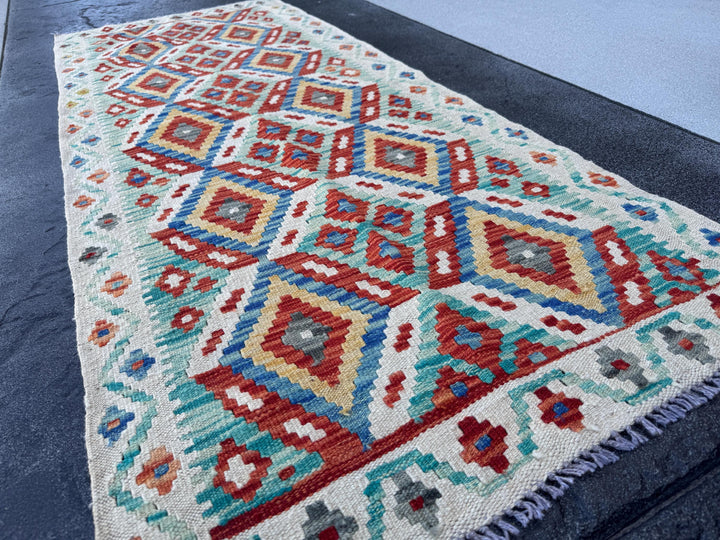 3x7 (100x200) Handmade Afghan Kilim Runner Rug | Cream Blood Red Denim Blue Turquoise Ivory Teal Grey Mustard Yellow | Wool Turkish