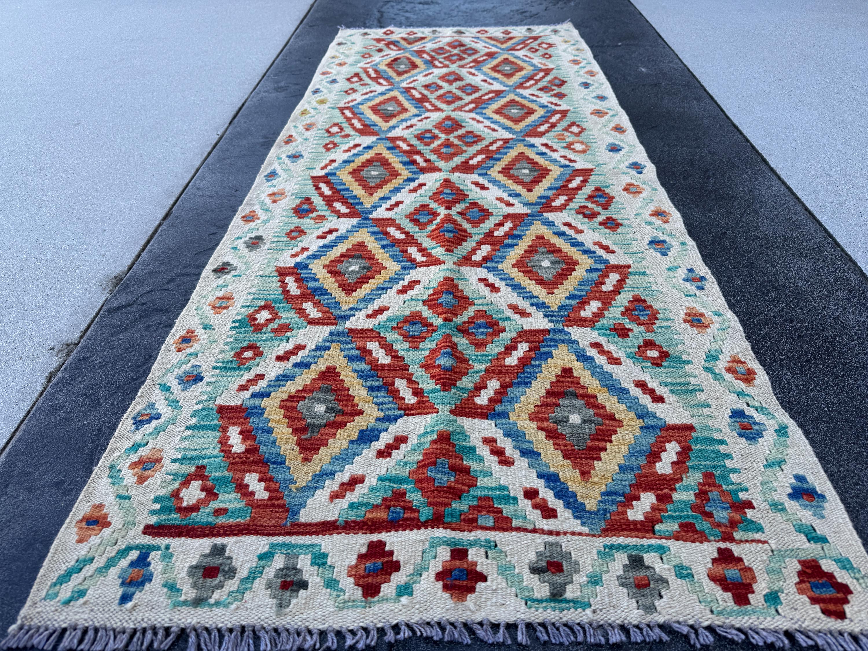 3x7 (100x200) Handmade Afghan Kilim Runner Rug | Cream Blood Red Denim Blue Turquoise Ivory Teal Grey Mustard Yellow | Wool Turkish