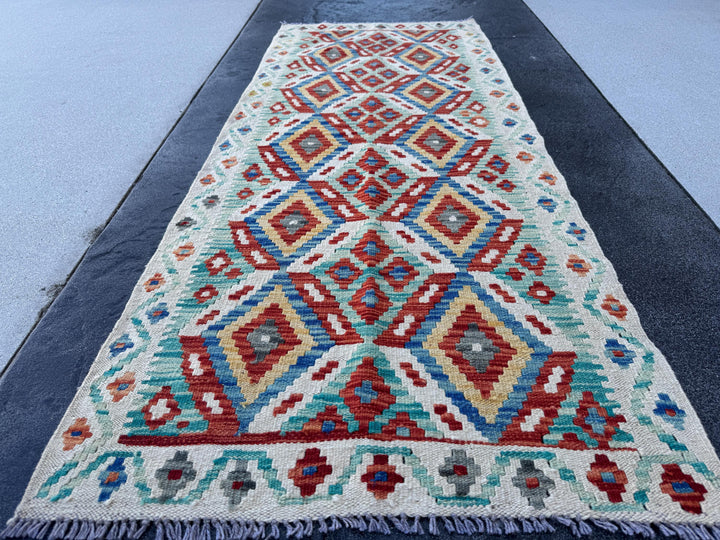 3x7 (100x200) Handmade Afghan Kilim Runner Rug | Cream Blood Red Denim Blue Turquoise Ivory Teal Grey Mustard Yellow | Wool Turkish