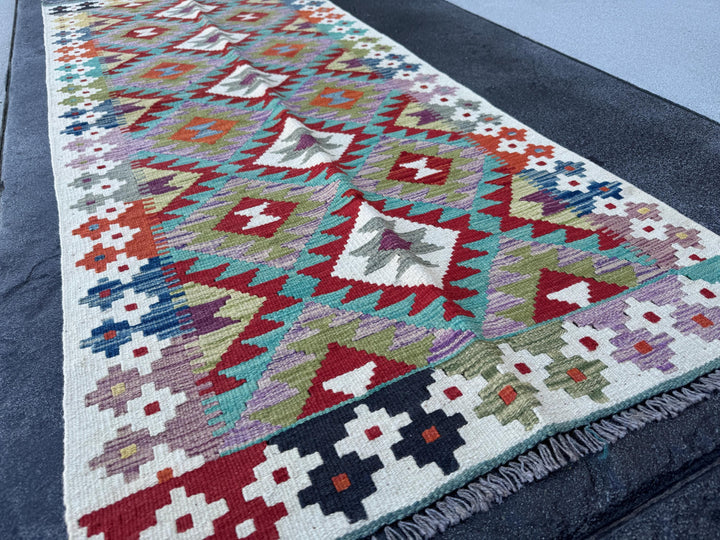 3x7 (100x200) Handmade Afghan Kilim Runner Rug | Cream Ivory Blood Red Denim Blue Turquoise Teal Grey Moss Green Orange | Wool Turkish