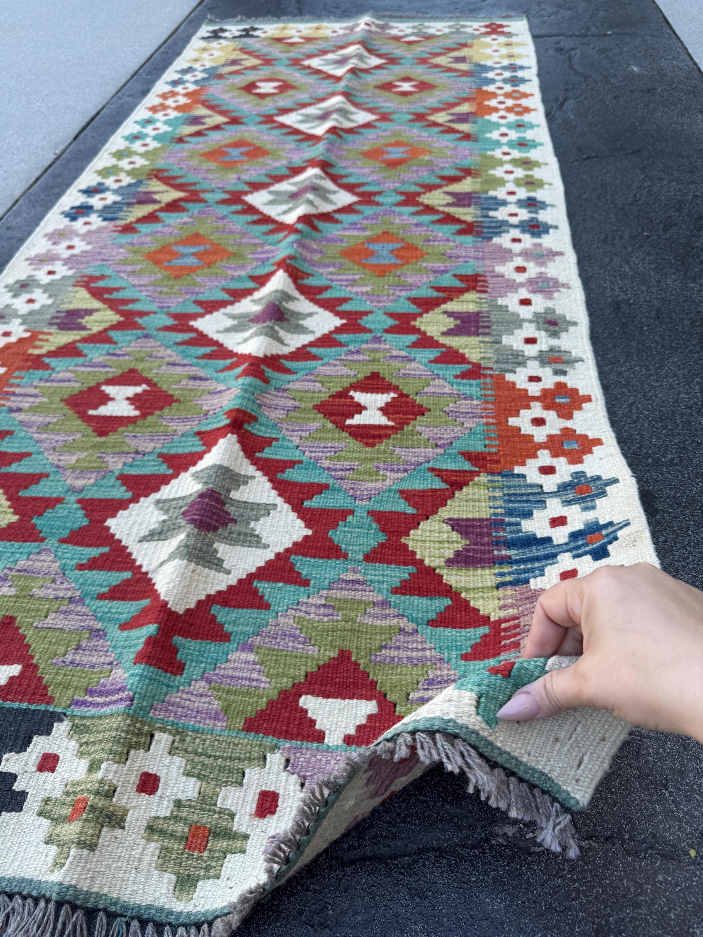 3x7 (100x200) Handmade Afghan Kilim Runner Rug | Cream Ivory Blood Red Denim Blue Turquoise Teal Grey Moss Green Orange | Wool Turkish