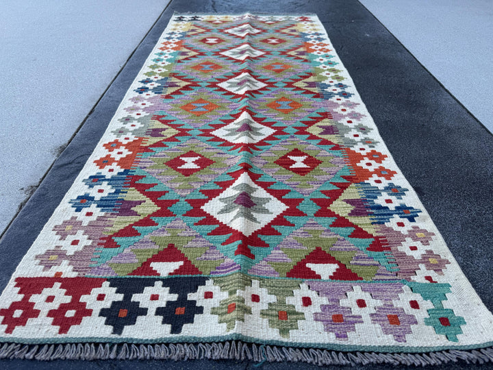 3x7 (100x200) Handmade Afghan Kilim Runner Rug | Cream Ivory Blood Red Denim Blue Turquoise Teal Grey Moss Green Orange | Wool Turkish