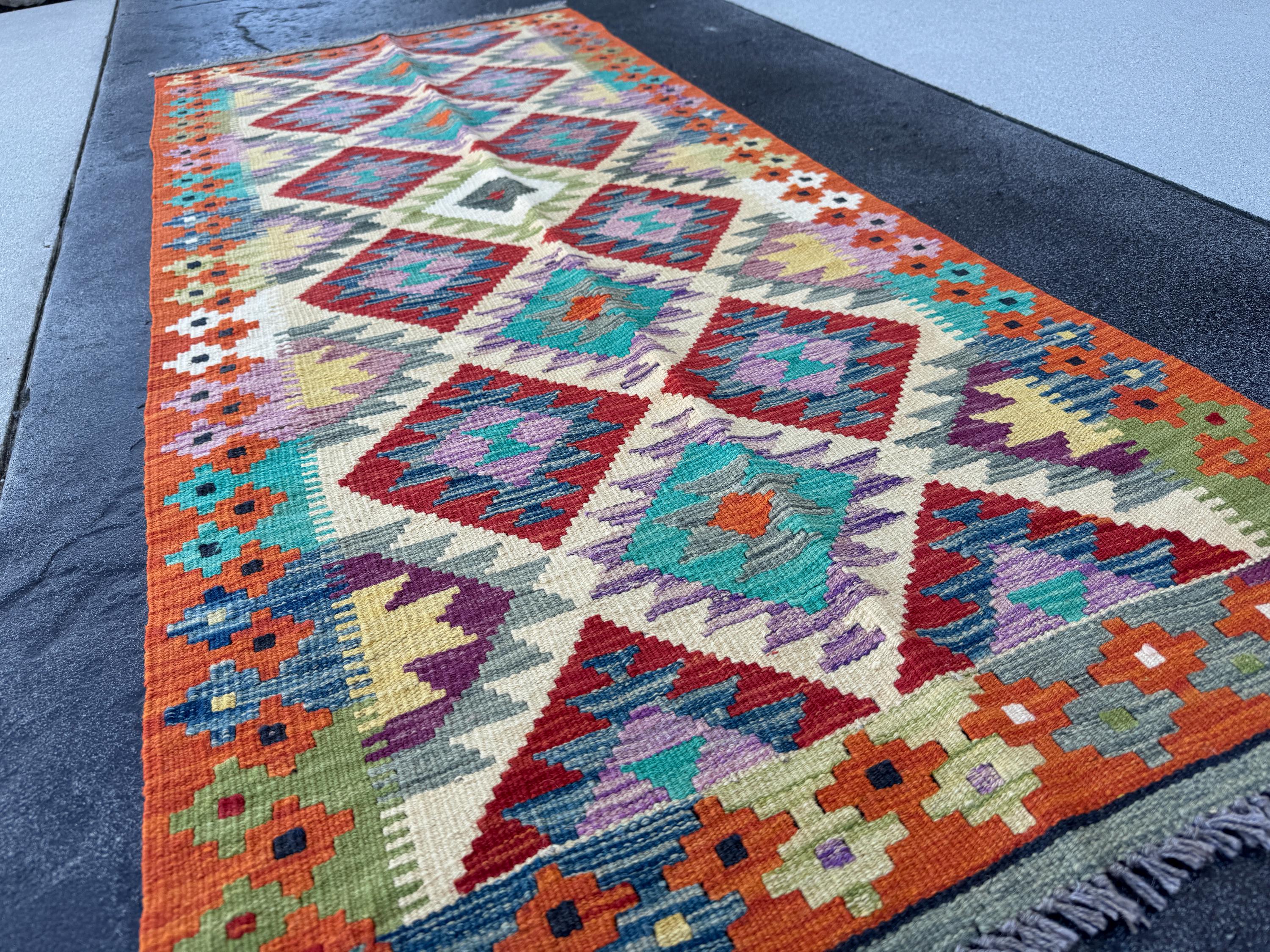 3x7 (100x200) Handmade Afghan Kilim Runner Rug | Cream Blood Red Orange Purple Denim Navy Blue Teal Grey Moss Green Ivory | Wool Turkish