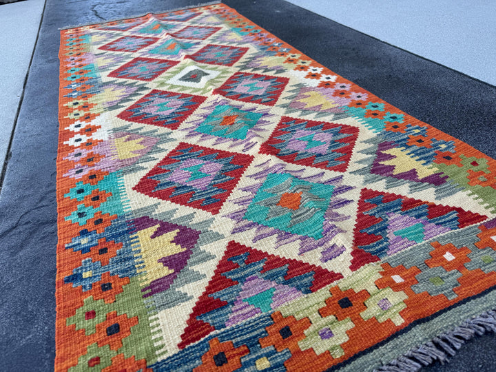 3x7 (100x200) Handmade Afghan Kilim Runner Rug | Cream Blood Red Orange Purple Denim Navy Blue Teal Grey Moss Green Ivory | Wool Turkish