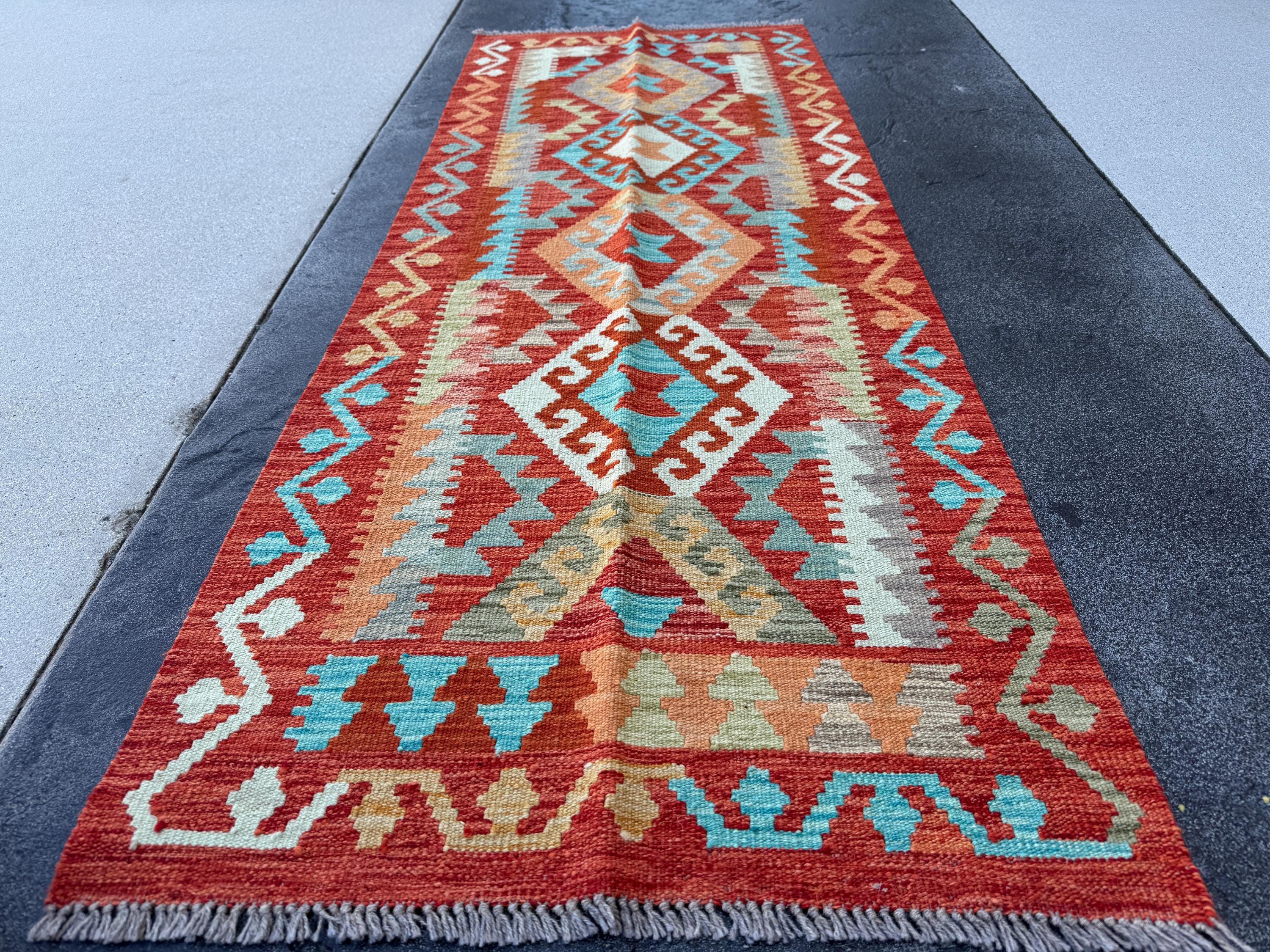 3x7 (100x200) Handmade Afghan Kilim Runner Rug | Brick Red Orange Cream Beige Teal Grey Moss Olive Green Ivory Mustard | Wool Turkish