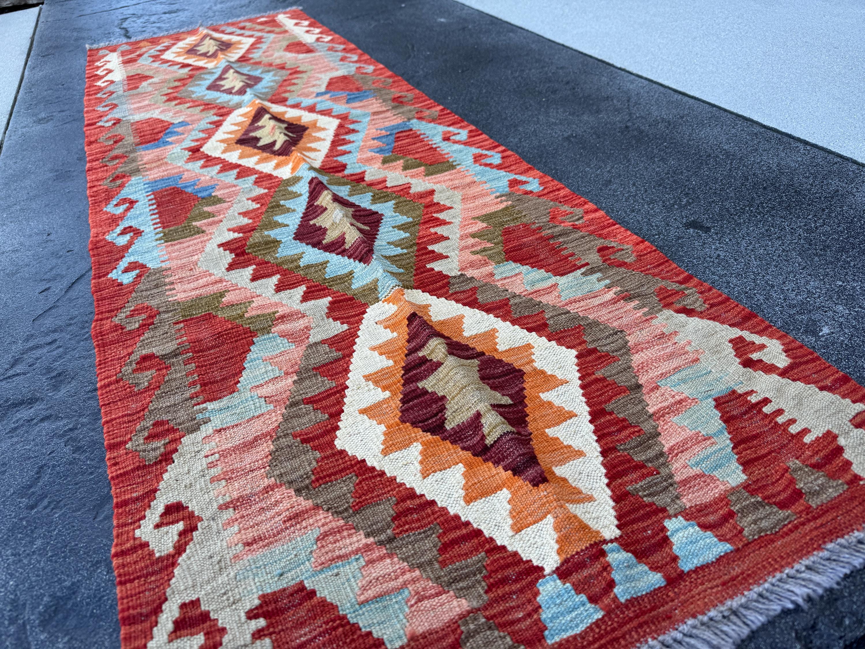 2x7 Handmade Afghan Kilim Runner Rug | Blood Brick Red Maroon Orange Cream Moss Green Chocolate Brown Grey Denim | Wool Turkish