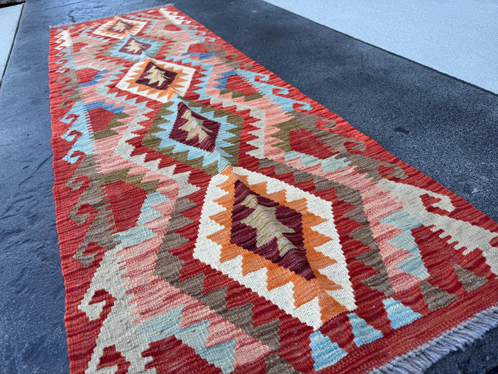 2x7 Handmade Afghan Kilim Runner Rug | Blood Brick Red Maroon Orange Cream Moss Green Chocolate Brown Grey Denim | Wool Turkish
