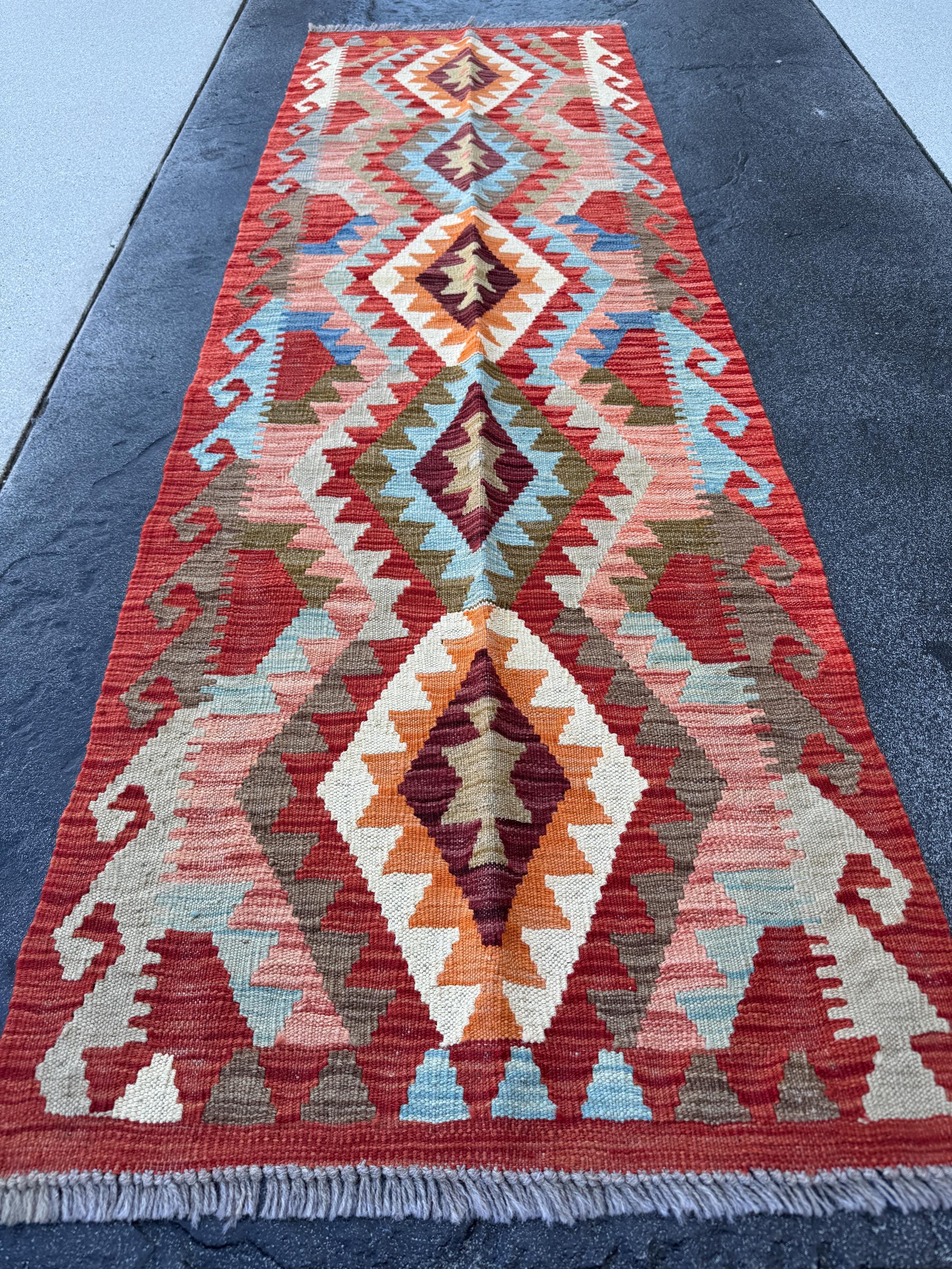 2x7 Handmade Afghan Kilim Runner Rug | Blood Brick Red Maroon Orange Cream Moss Green Chocolate Brown Grey Denim | Wool Turkish