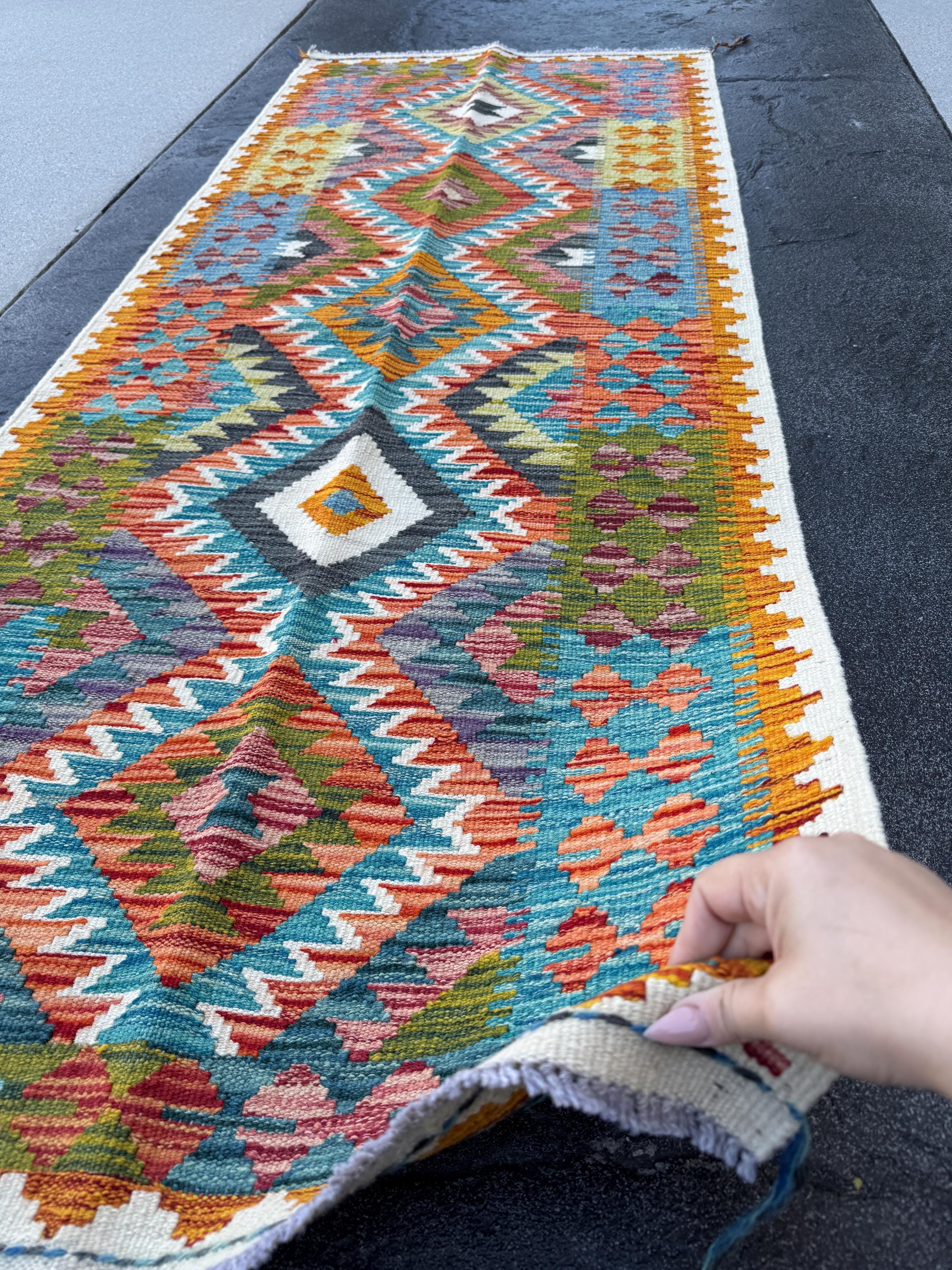 3x7 (100x200) Handmade Afghan Kilim Runner Rug | Cream Teal Orange Brick Red Moss Olive Green Purple Ivory Charcoal Grey | Wool Turkish