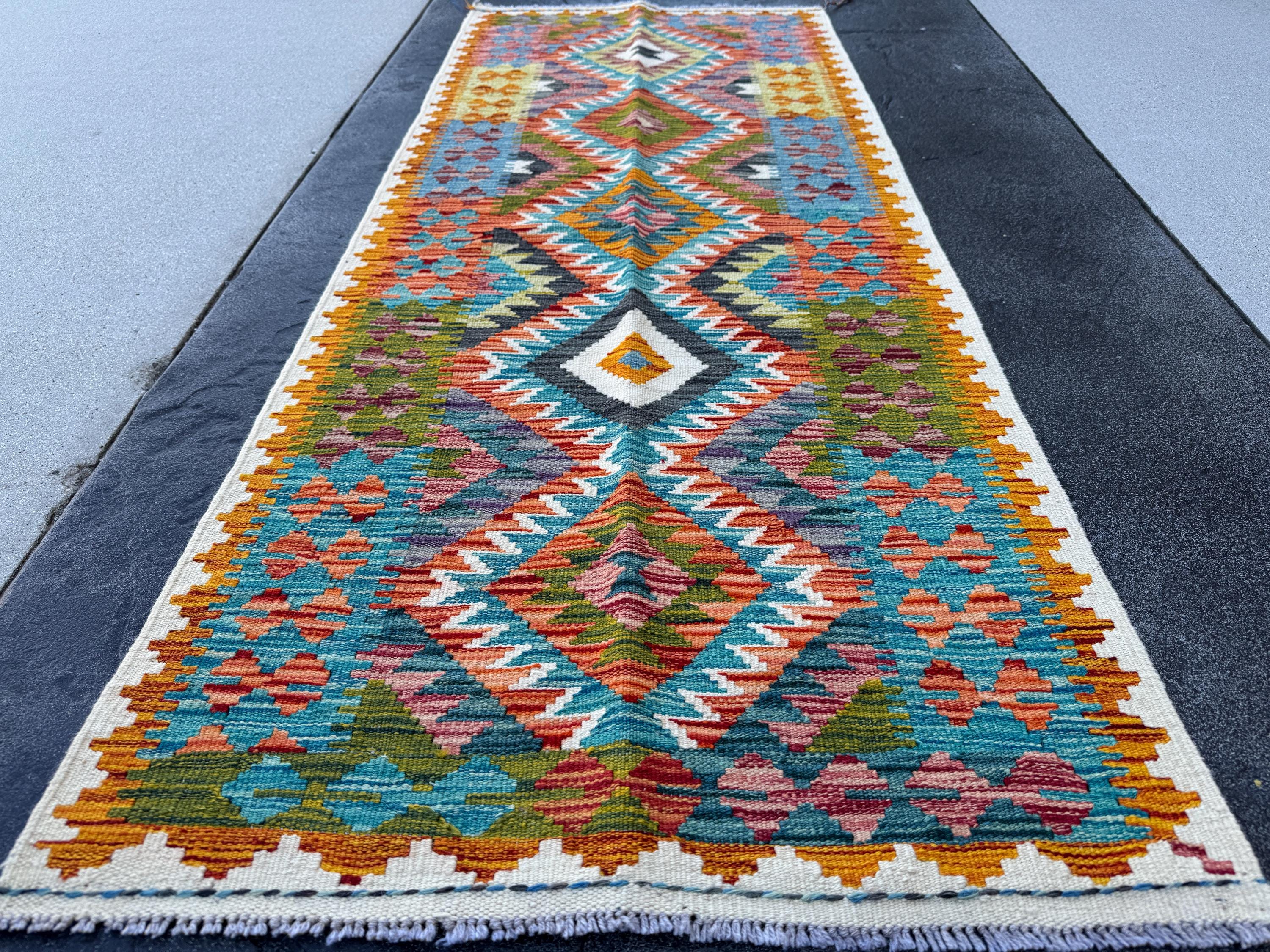 3x7 (100x200) Handmade Afghan Kilim Runner Rug | Cream Teal Orange Brick Red Moss Olive Green Purple Ivory Charcoal Grey | Wool Turkish