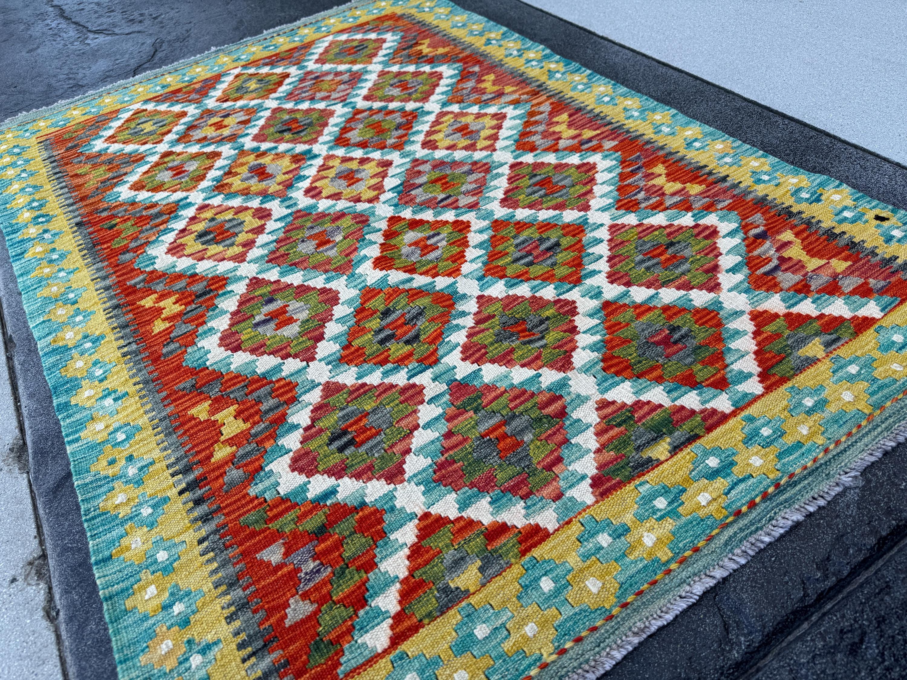 4x5 (121x152) Handmade Afghan Kilim Rug | Burnt Orange Teal Ivory Olive Moss Green Charcoal Light Grey Red Mustard | Wool Flatweave
