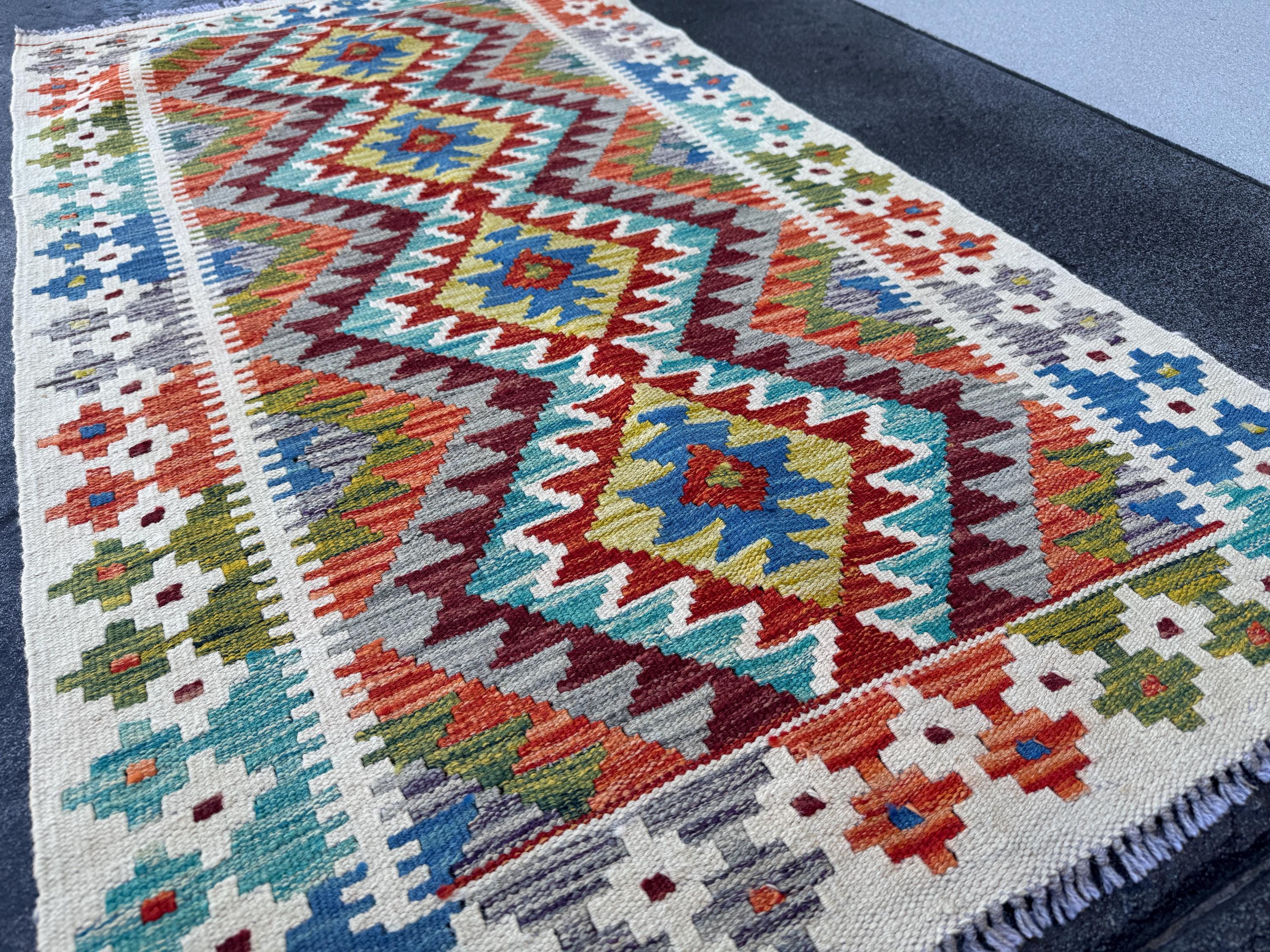 3x5 (91x152) Handmade Afghan Kilim Rug | Cream Burnt Orange Maroon Teal Grey Olive Moss Green Navy Blue Ivory Turquoise | Wool Flatweave