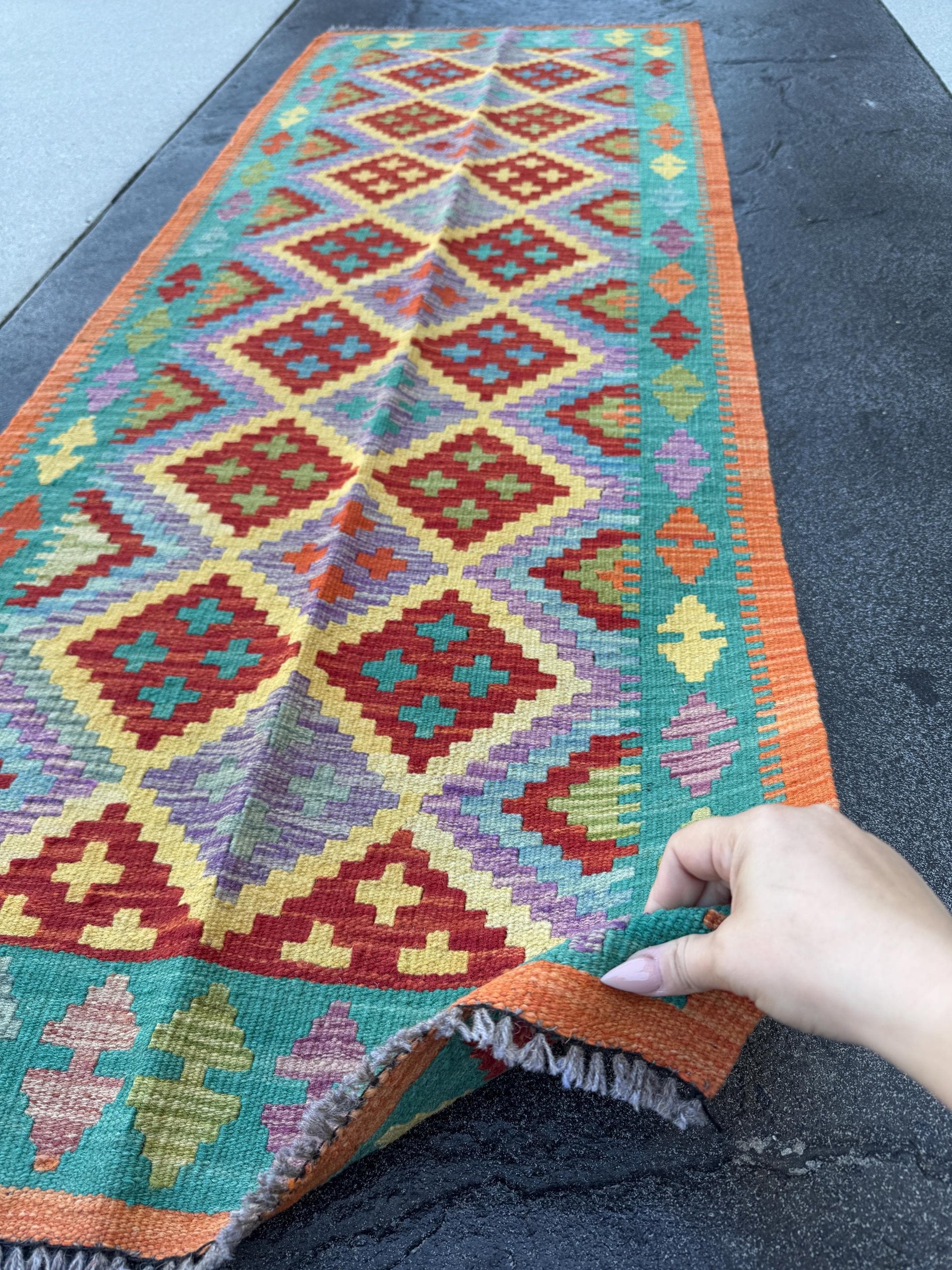 2x7 Handmade Afghan Kilim Runner Rug | Purple Blood Red Mustard Yellow Teal Turquoise Burnt Orange Olive Green | Wool Turkish