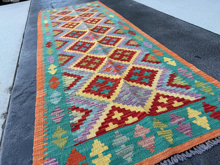 2x7 Handmade Afghan Kilim Runner Rug | Purple Blood Red Mustard Yellow Teal Turquoise Burnt Orange Olive Green | Wool Turkish