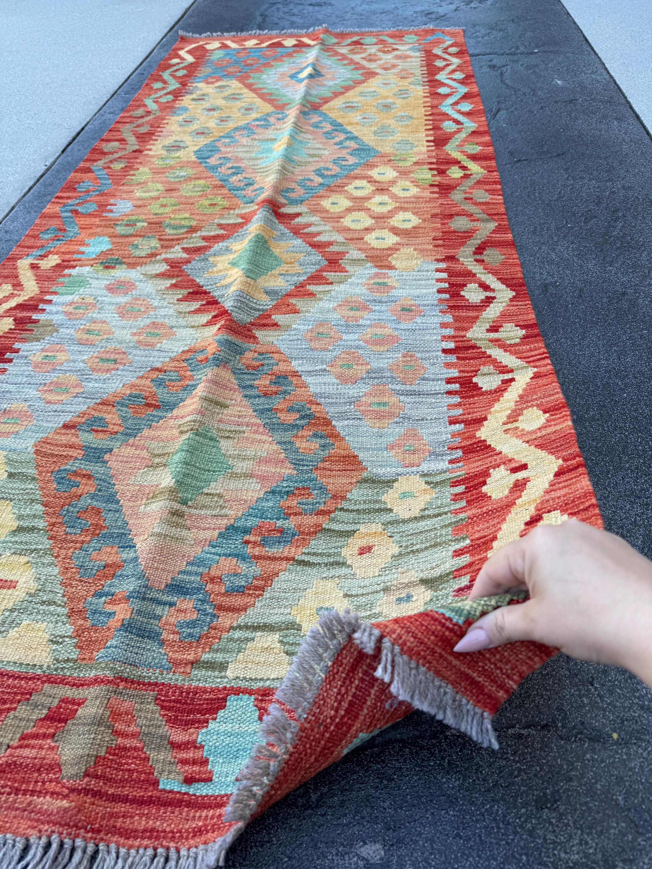 3x7 (100x200) Handmade Afghan Kilim Runner Rug | Brick Red Orange Cream Beige Teal Moss Olive Green Chocolate Grey Denim | Wool Turkish