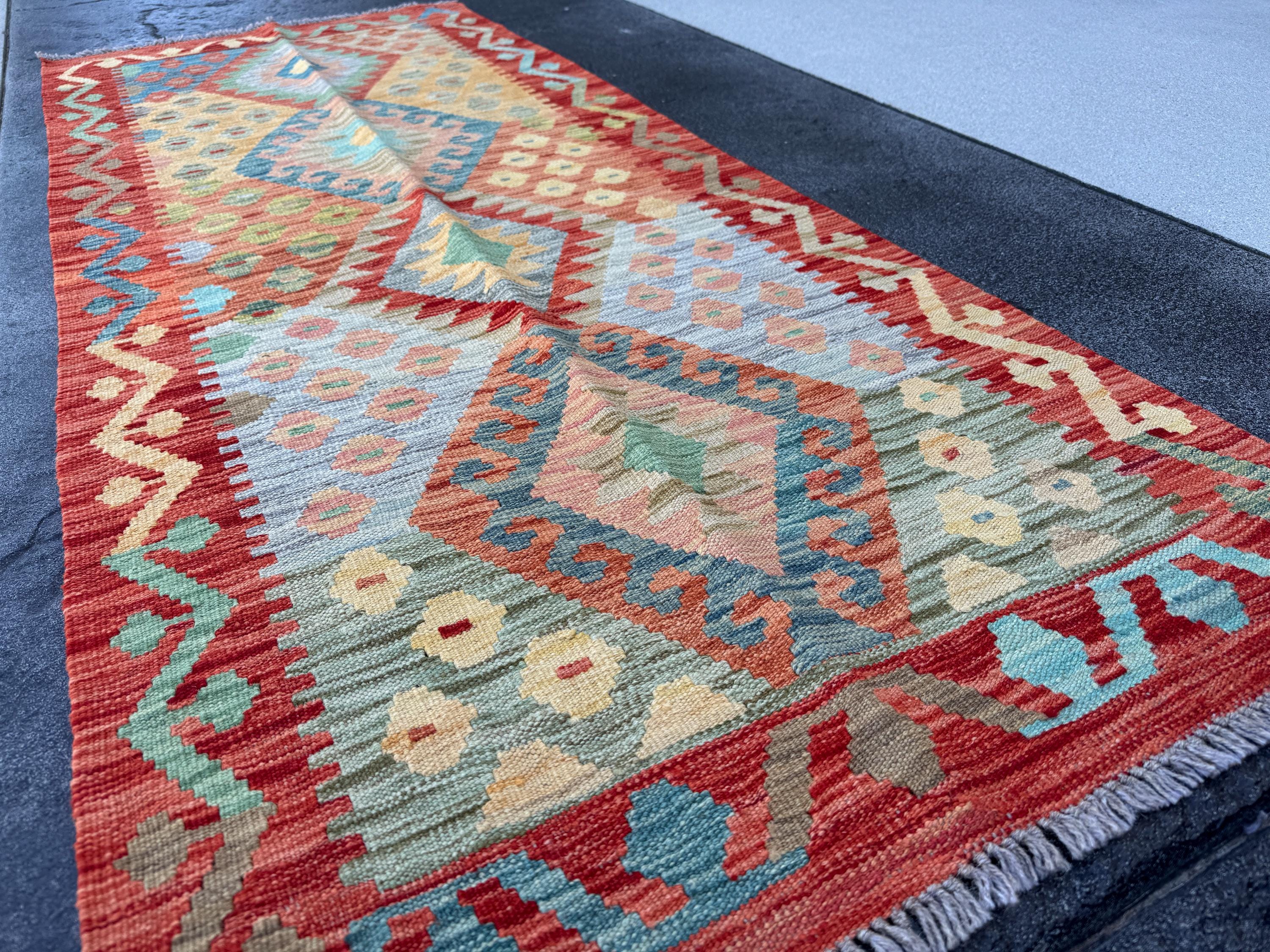 3x7 (100x200) Handmade Afghan Kilim Runner Rug | Brick Red Orange Cream Beige Teal Moss Olive Green Chocolate Grey Denim | Wool Turkish