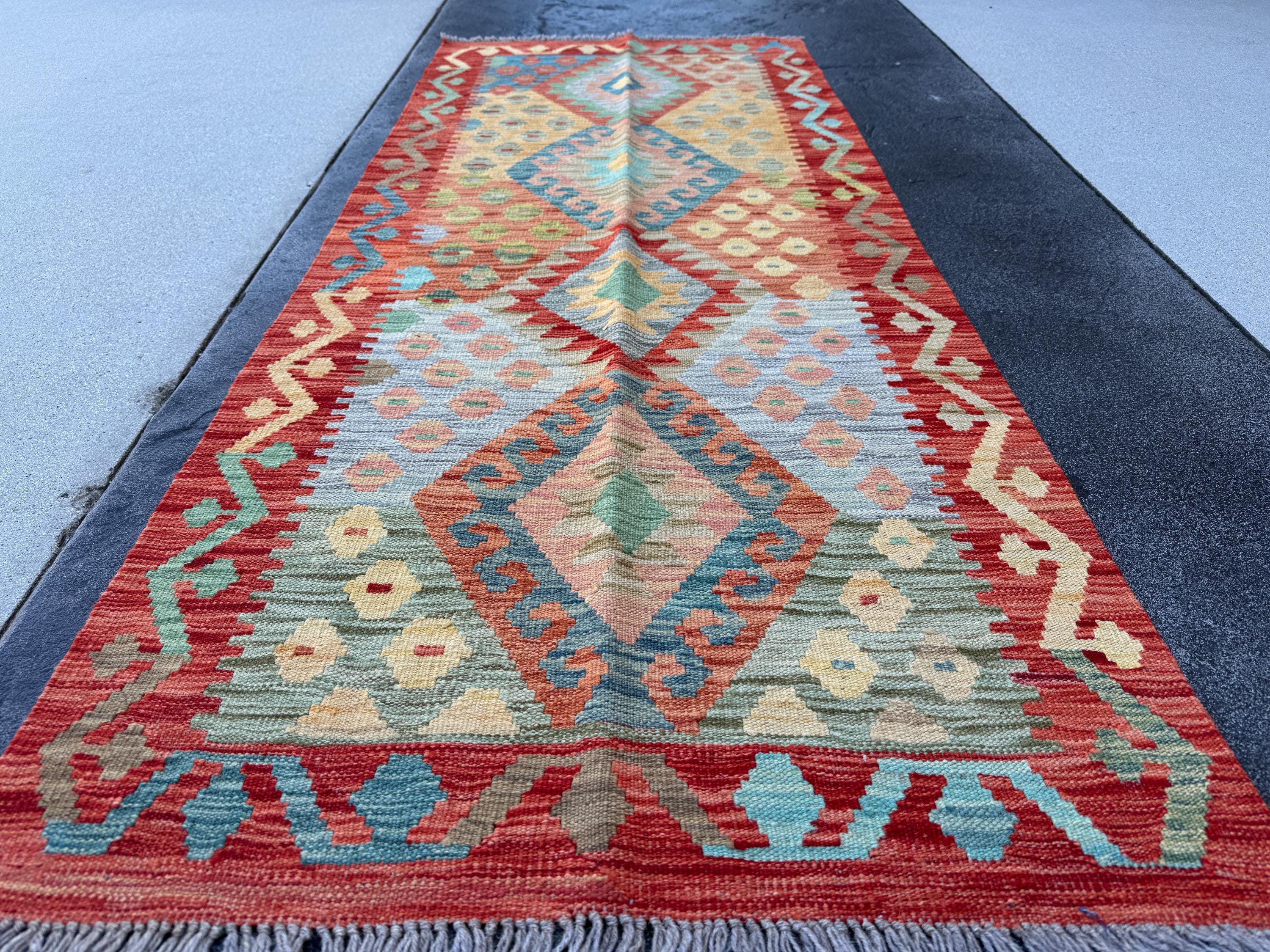 3x7 (100x200) Handmade Afghan Kilim Runner Rug | Brick Red Orange Cream Beige Teal Moss Olive Green Chocolate Grey Denim | Wool Turkish