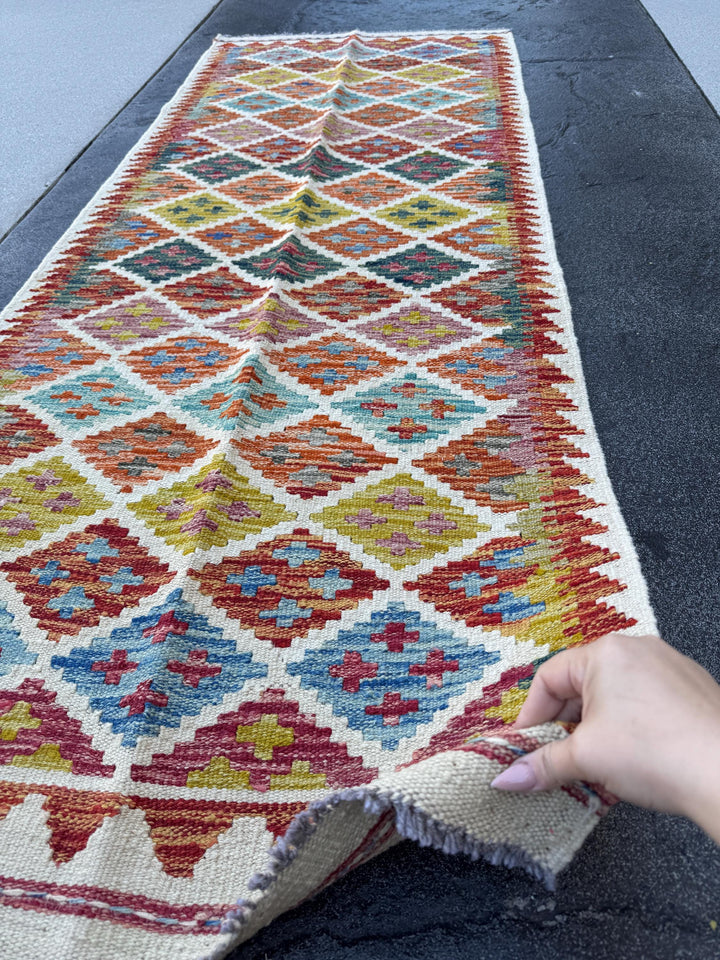 3x7 (100x200) Handmade Afghan Kilim Runner Rug | Cream Blood Red Orange Purple Teal Denim Blue Charcoal GreyOlive Green Ivory | Wool Turkish
