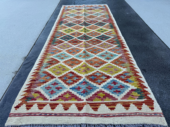 3x7 (100x200) Handmade Afghan Kilim Runner Rug | Cream Blood Red Orange Purple Teal Denim Blue Charcoal GreyOlive Green Ivory | Wool Turkish