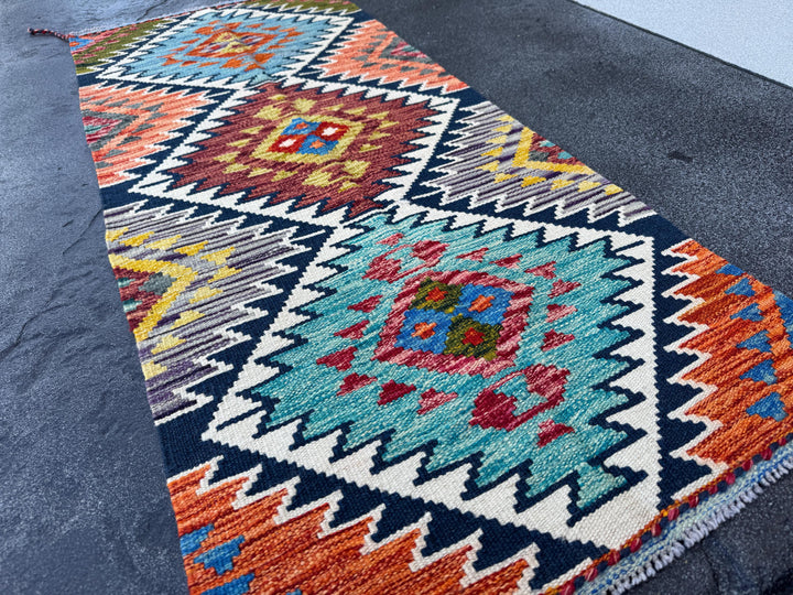 2x5 Handmade Afghan Kilim Runner Rug | Teal Charcoal Grey Blood Red Chocolate Olive Moss Green Orange Cream Beige Black Blue | Wool Turkish