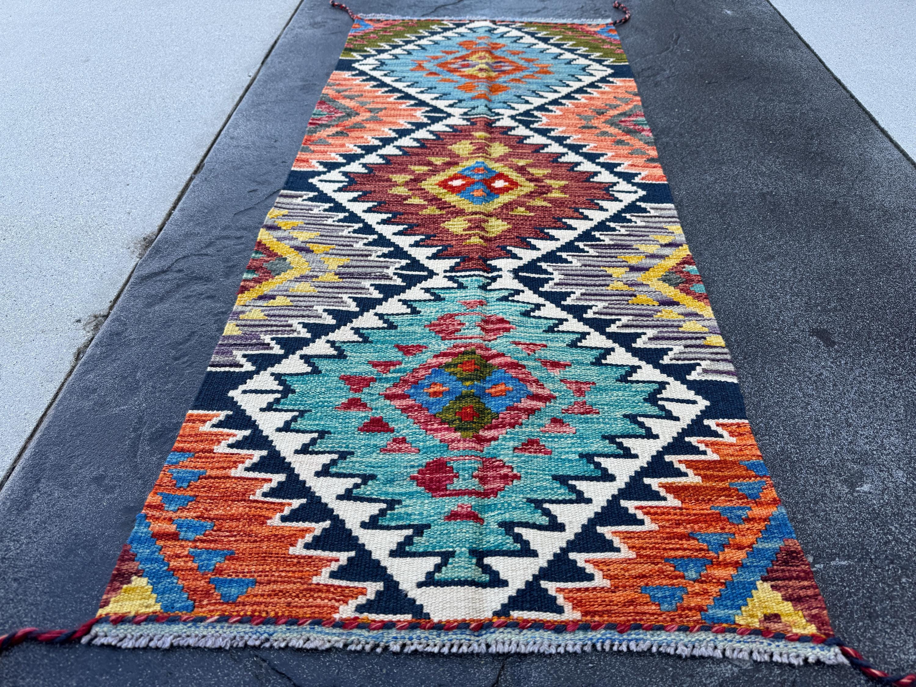2x5 Handmade Afghan Kilim Runner Rug | Teal Charcoal Grey Blood Red Chocolate Olive Moss Green Orange Cream Beige Black Blue | Wool Turkish
