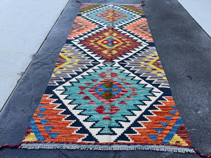 2x5 Handmade Afghan Kilim Runner Rug | Teal Charcoal Grey Blood Red Chocolate Olive Moss Green Orange Cream Beige Black Blue | Wool Turkish