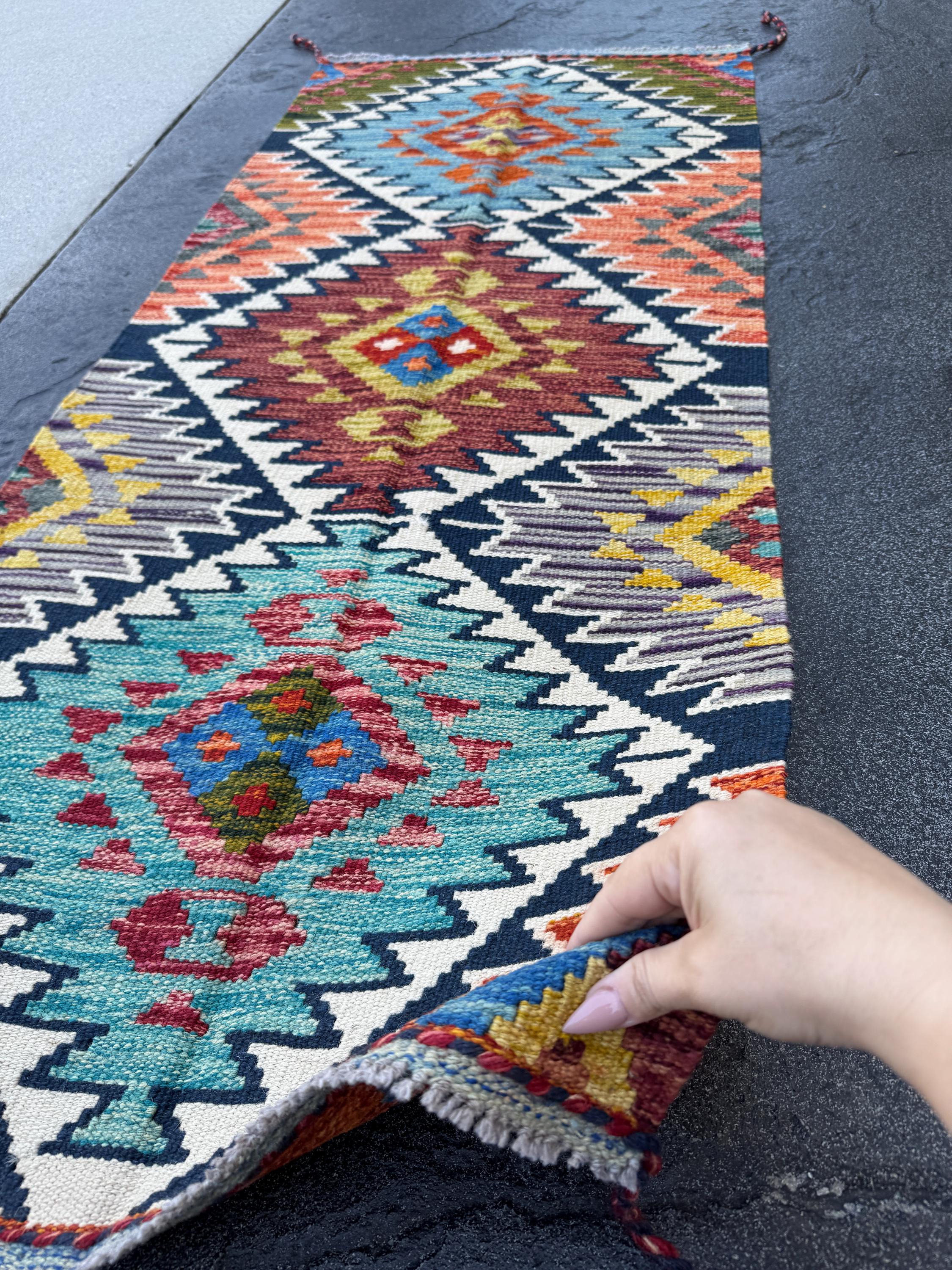 2x5 Handmade Afghan Kilim Runner Rug | Teal Charcoal Grey Blood Red Chocolate Olive Moss Green Orange Cream Beige Black Blue | Wool Turkish