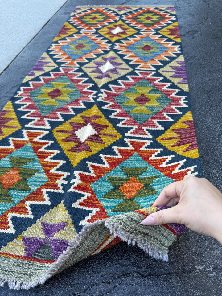 2x5 Handmade Afghan Kilim Runner Rug | Midnight Blue Blood Red Burnt Orange Cream Olive Moss Green Purple Mustard Ivory Denim | Wool Turkish