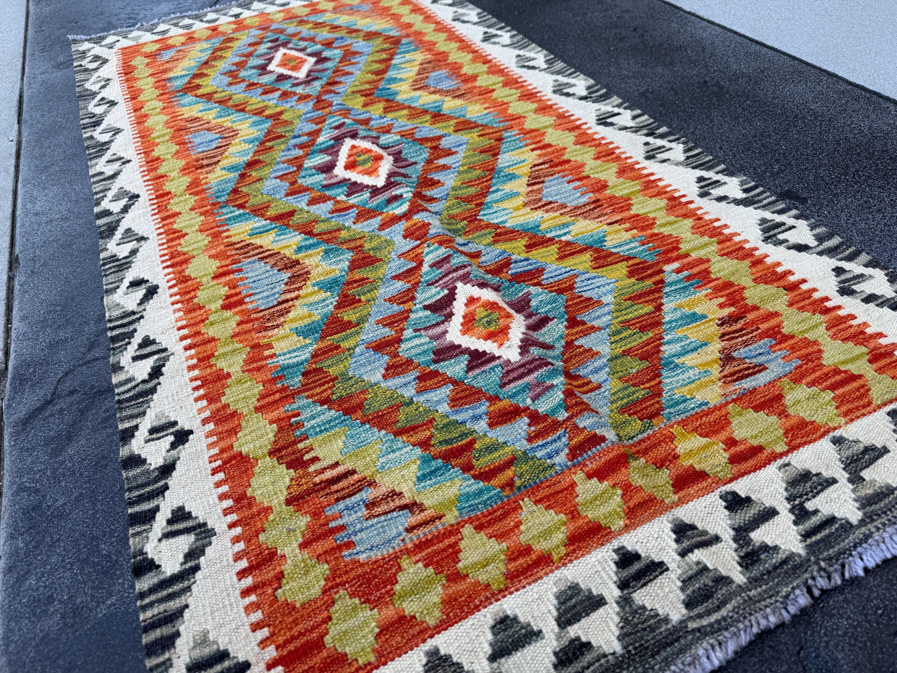 3x5 (91x152) Handmade Afghan Kilim Rug | Denim Blue Burnt Orange Teal Eggplant Purple Olive Moss Green Cream Charcoal | Wool Turkish
